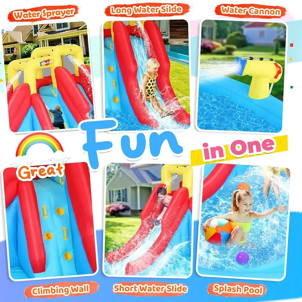 Ogromny dmuchany park wodny z podwójnymi zjeżdżalniami, strefą wspinaczkową, basenem do zabawy i wodnymi karabinami.