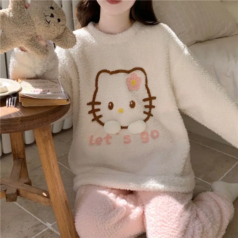 

Hello Kitty Polar Fleece Two Piece Set Women Pullover Lounge Wear Winter Home Outfit Cozy Loungewear Versatile Wear