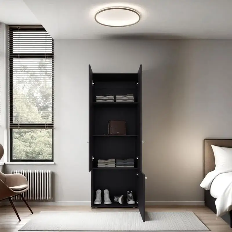 Armoire haute à 3 portes avec 4 étagères – Armoire autoportante pour chambre ou entrée en finition wengé