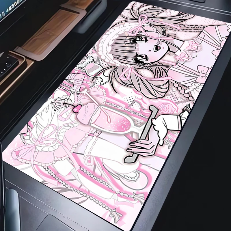 

Mouse Pad Computer Office Game Anime Table Mats Rubber Anti-slip Gaming Keyboard Mousepads Pink Illustration Girl Long Desk Mats