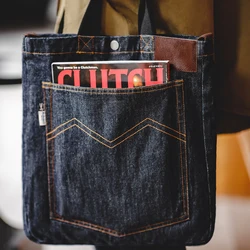 Maden Retro 14oz Denim Shoulder Crossbody Bag with Denim Embroidery Large Capacity Portable Flat Tote Bag for Men's Daily