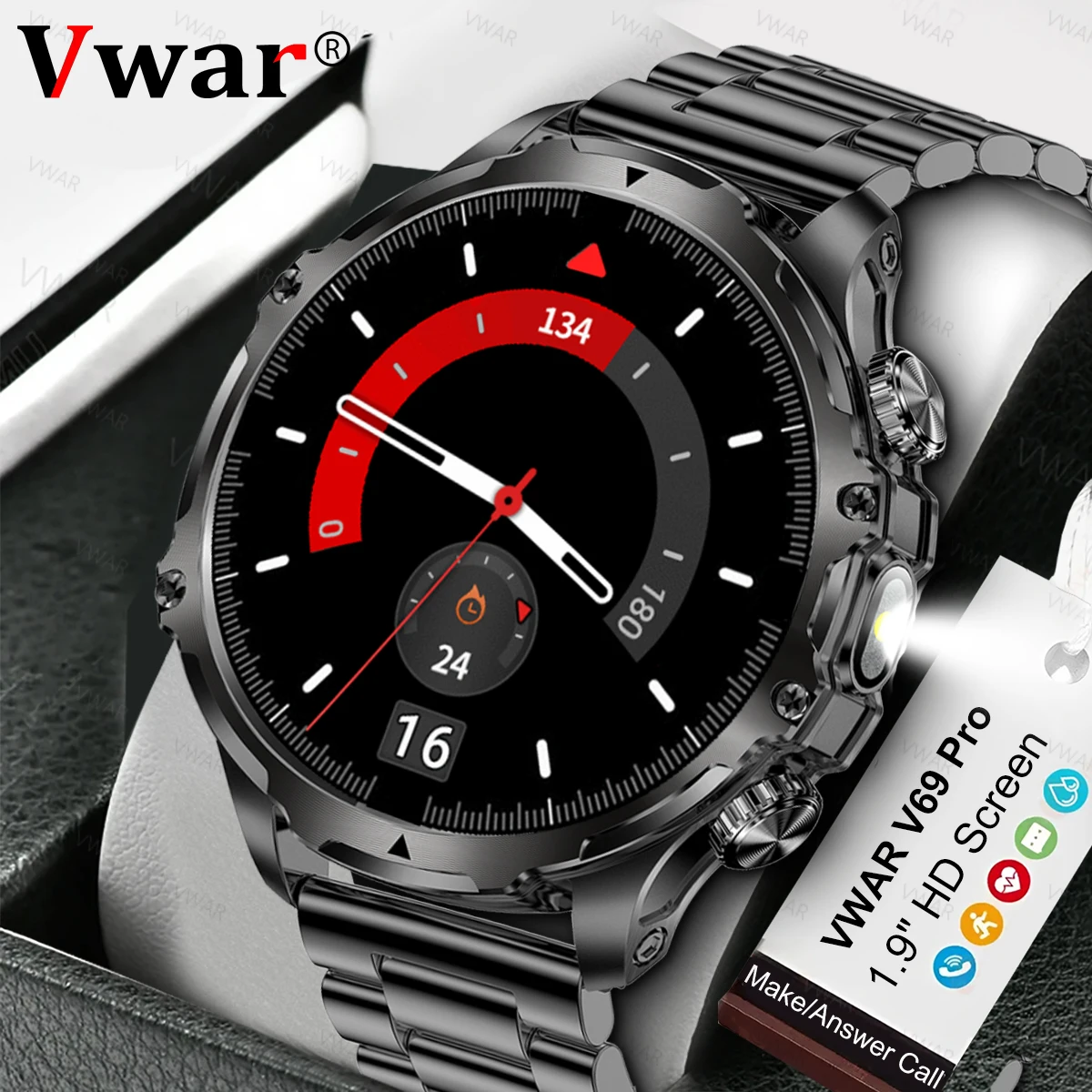 

Vwar V69 Pro Smart Watch 1.9 inch HD Screen LED Flashlight 3ATM Mens Smartwatch AI Voice BT Call Blood Oxygen 700mAh Battery