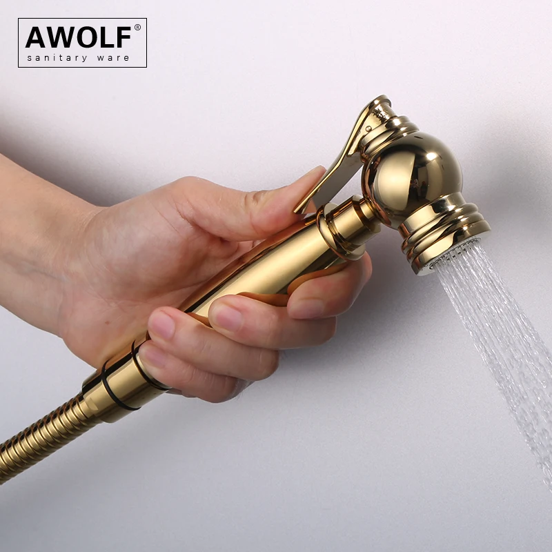 Awolf Titanium Gold Handheld Toilet Bidet Sprayer Solid Brass High Pressure Hygienic Shower Head Shattaf Set Bidet Faucet AP2107