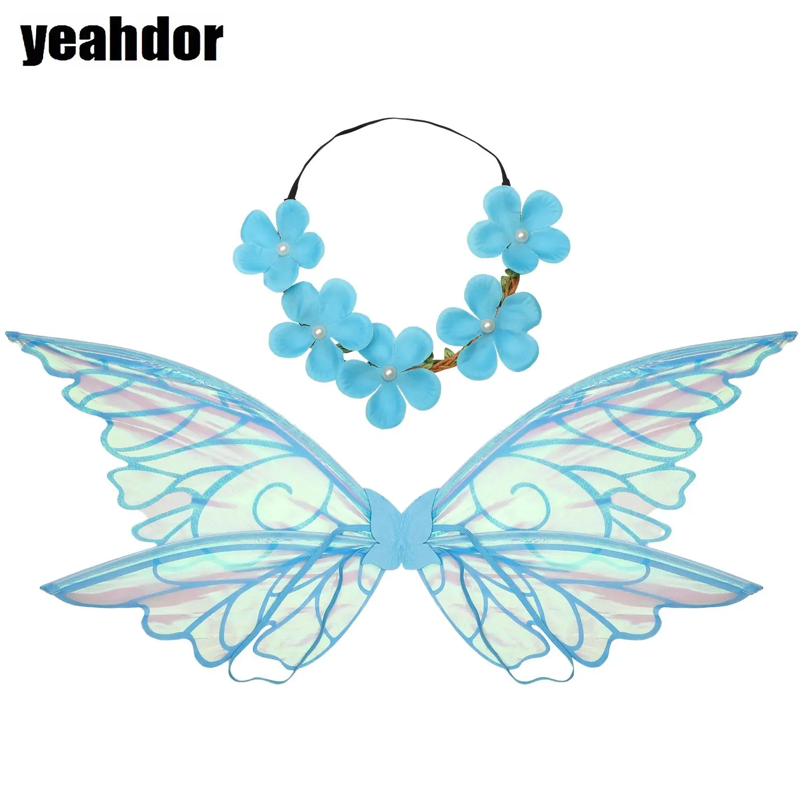 

Butterfly Wings And Flower Wreath Headband Halloween Gradient Tulle Foldable Party Supplies 2-piece for Adults And Kids