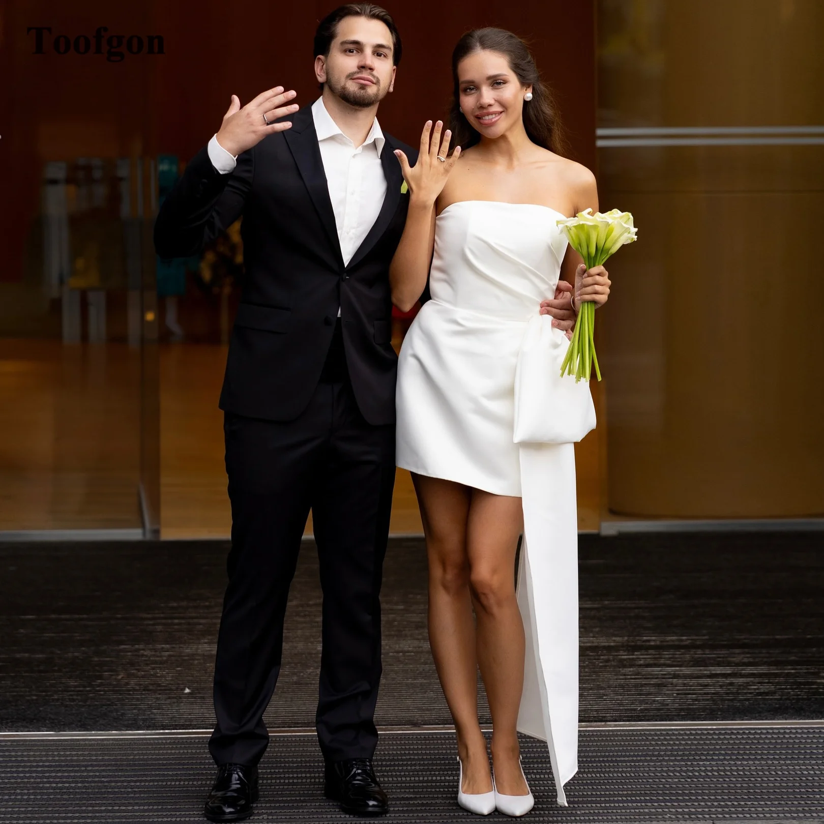 

Toofgon A Line Satin Mini Customized Wedding Dresses Bride Above Knee Bow Formal Bridal Wedding Gowns Women Photography Dress
