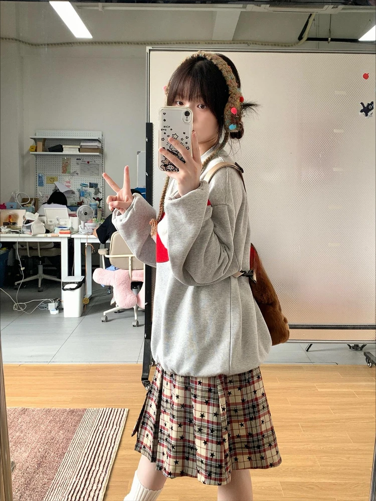 Y2k Aesthetic Kawaii Cute Red Apple Wings Hoddies Women Casual Loose Harajuku Hoody Preppy Style Grunge Light Grey Sweatshirts