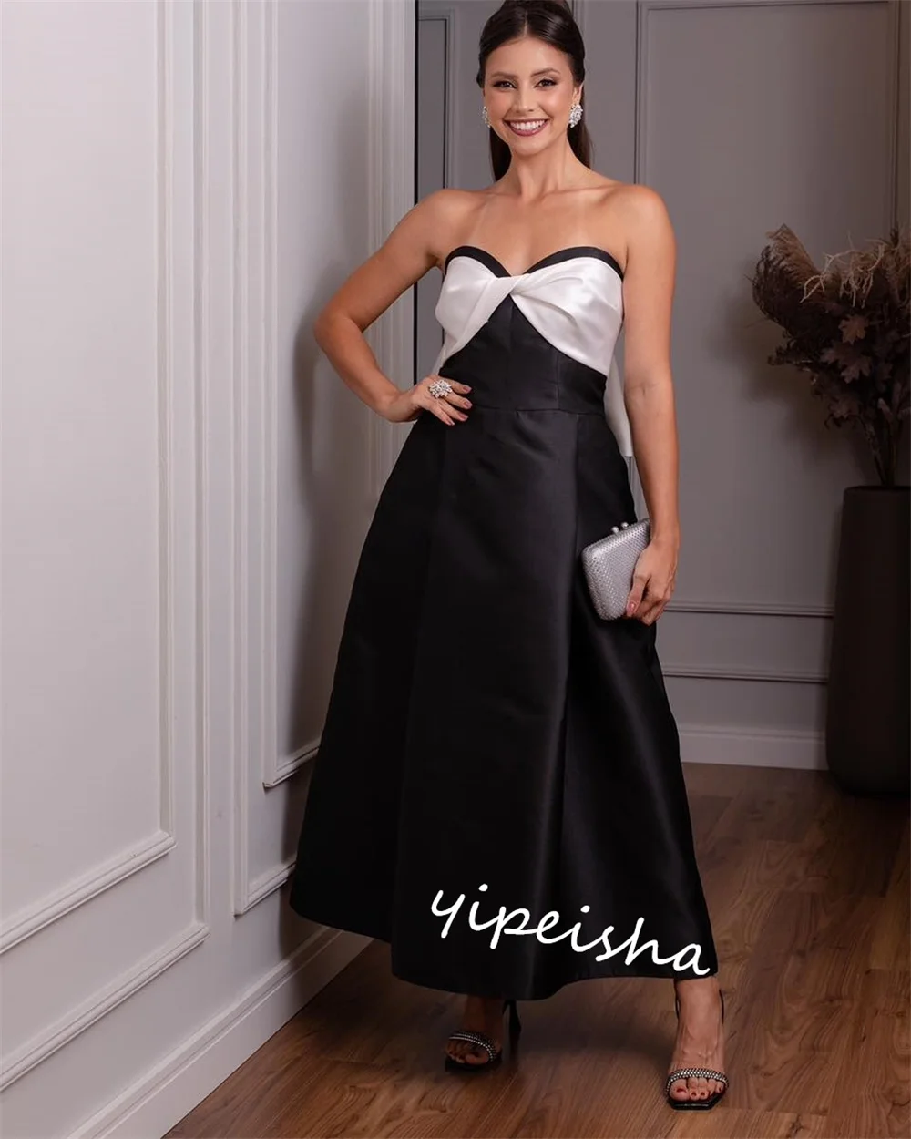 Customized S Draped Bow Cocktail Party A-line Strapless Bespoke Occasion Gown Midi Dresses