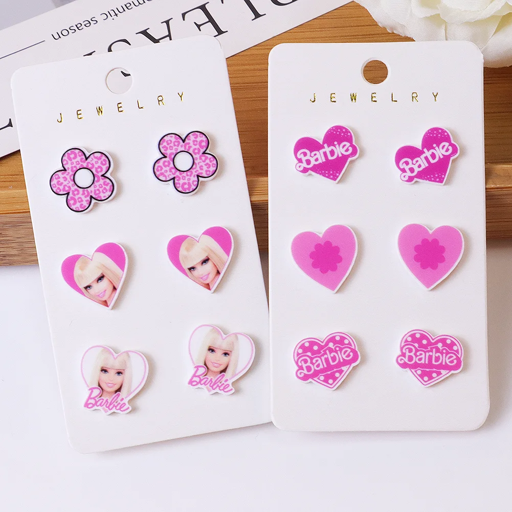 6 Pairs Set Barbie Pattern Earring Resin Planar Dangle Earrings Flat Back Ear Stud For Decoration Gift Party Kids