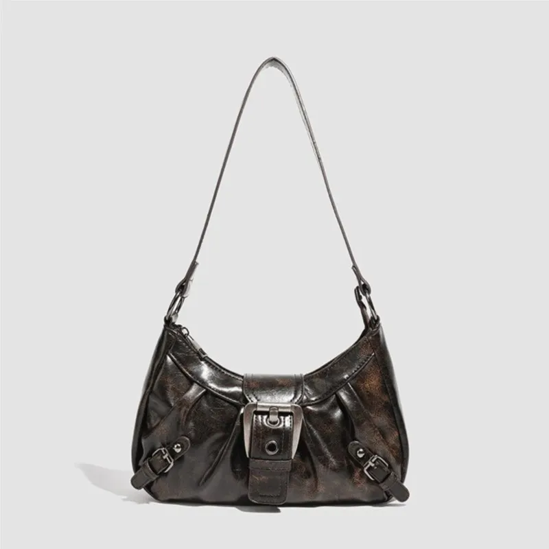 

JIAERDI Hot Girl Rivet Belt Buckle Handbag Women Maroon Style Leather Wrinkle Shoulder Bags Ladies Y2k Distressed Underarm Bag