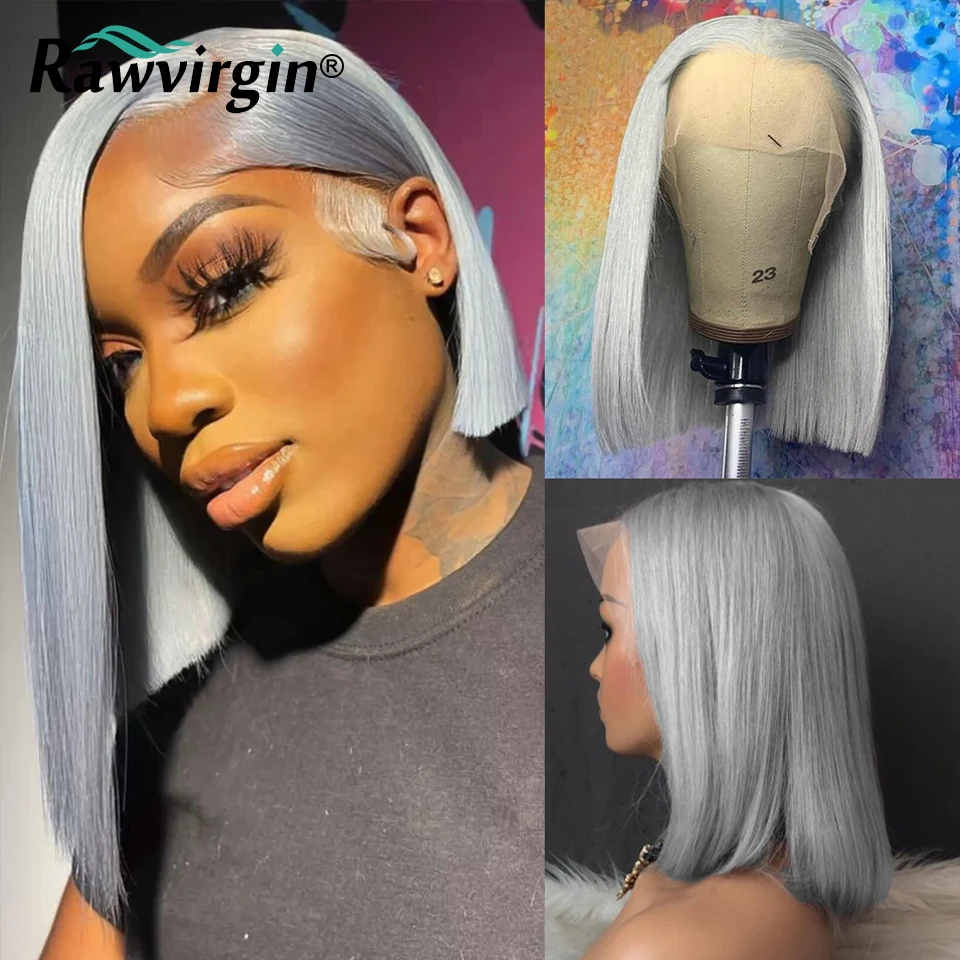 Grey Colored 13x4 Lace Front Wig Raw Virgin Human Hair Short Bob Silver Gray Colored Transparent Lace Frontal Wig Brazilian Hair