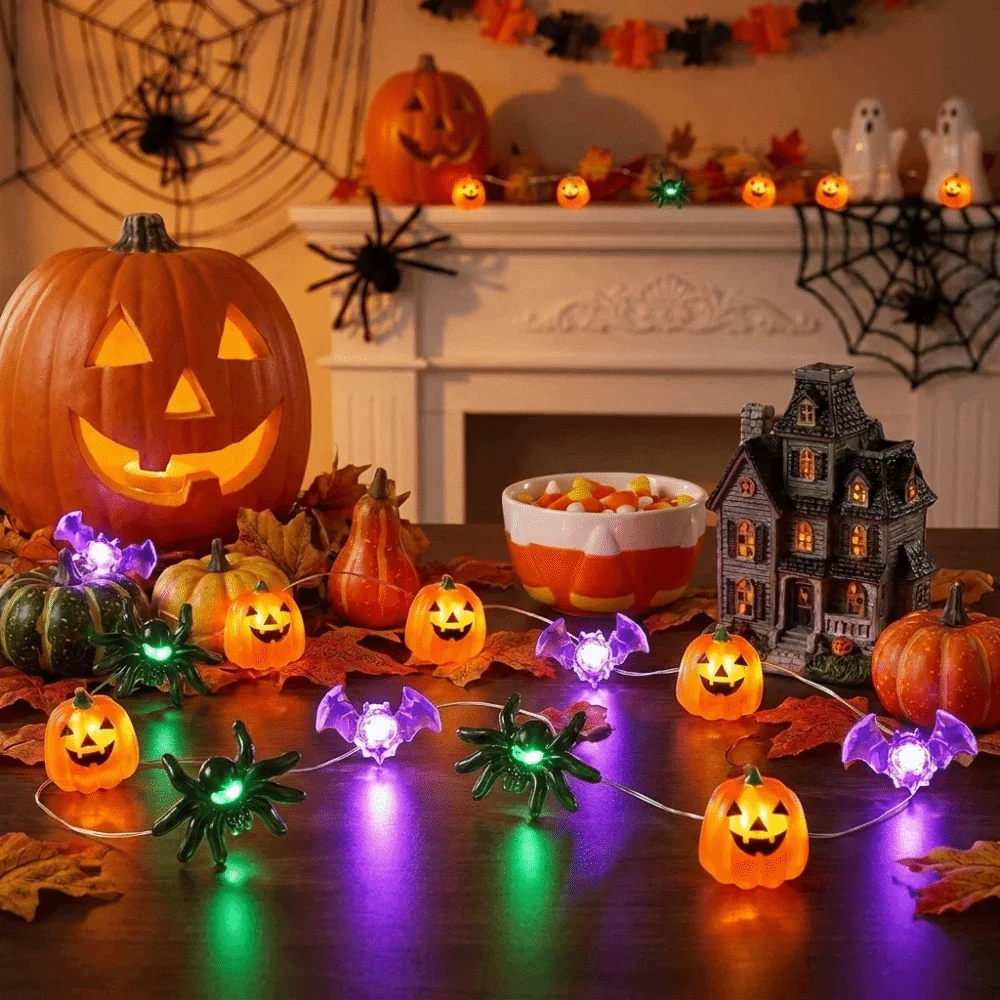 Portable Battery Powered Halloween Party Lights Pumpkin Spider LED String Lights Indoor Ghost Decorative Light String Indoor