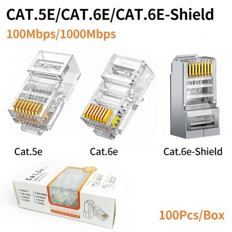 

100Pcs/Box Ethernet Cable Cat5e RJ45 Plug Connector - Gold Plated, Cat5 Network Crystal Head for Stable Gigabit Ethernet.