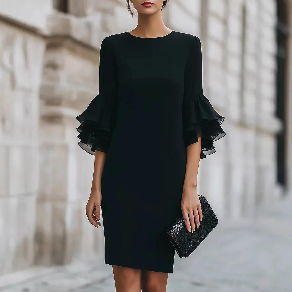 Women Round Neck Shift Midi Dress Double Layer Ruffle 3/4 Sleeve Slim Elegant Cocktail Office Party Dress