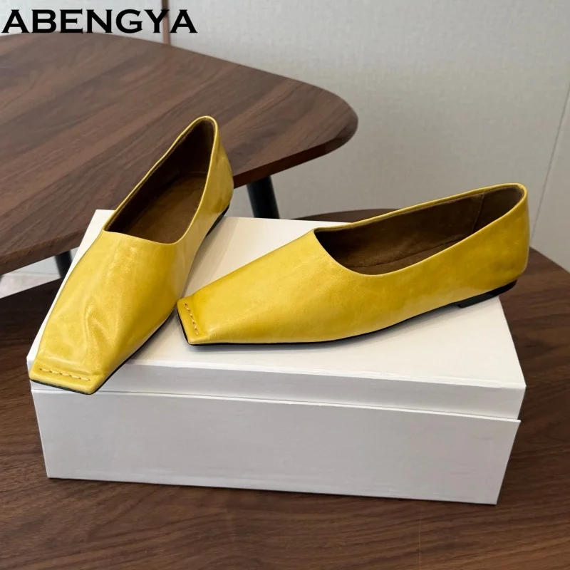 Square Toe Real Leather Loafers Women's Simple Casual Shoes Spring Autumn Ballets Flats Shoes For Women Mules
