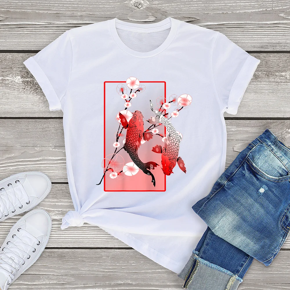 FLC 100% Cotton Japanese Koi Carp Nishikigoi Fish Cherry Blossom Clothing Gift Women T-Shirt Printed Top Unisex Femme Casual Tee