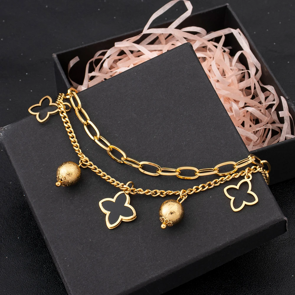 Charm-Armband Dubai Vergoldeter Edelstahl Schwarze Emaille Ineinandergreifende Kette Stern-Motiv Glücksbringer Schmuck-Accessoires 5-teiliges Set – Detail 4