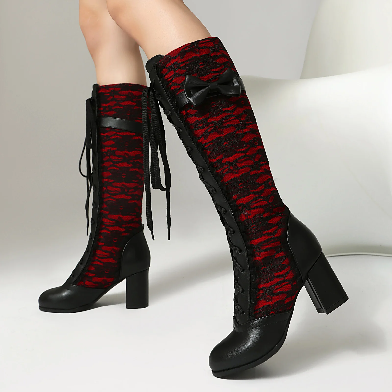 2026, женские сапоги до колена на высоком каблуке с перекрестными ремешками, осенне-зимние сапоги в стиле Лолиты, массивные высокие сапоги, женская обувь для вечеринок