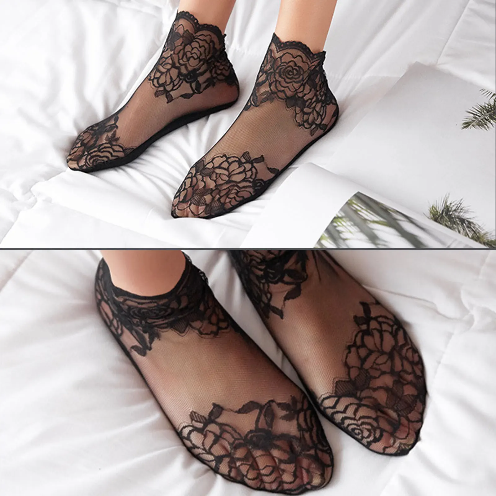 

4Pairs Lace Socks Women Thin Summer Shallow Mouth Mesh Ankle Short Girls NonStuffy Comfortable Elastic Shoe Socks Ladies