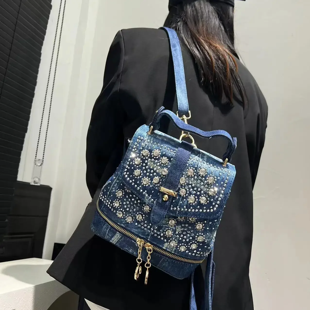 Women\'s Fashion Diamond Elegant Backpack Multifunctional Diamond Denim Shoulder Bag