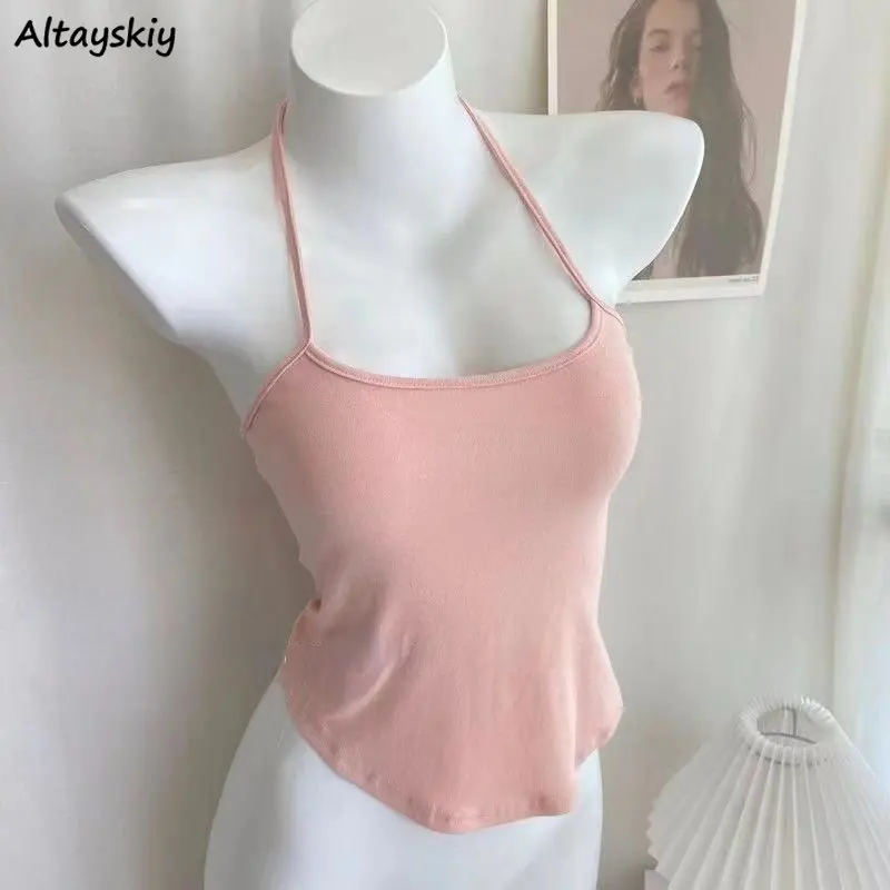 

Женская майка с лямкой на шее, S-5XL, мягкие шикарные милые топы с открытой спиной, летние нежные модные внутренние девичьи корейские стильные универсальные студенческие топы