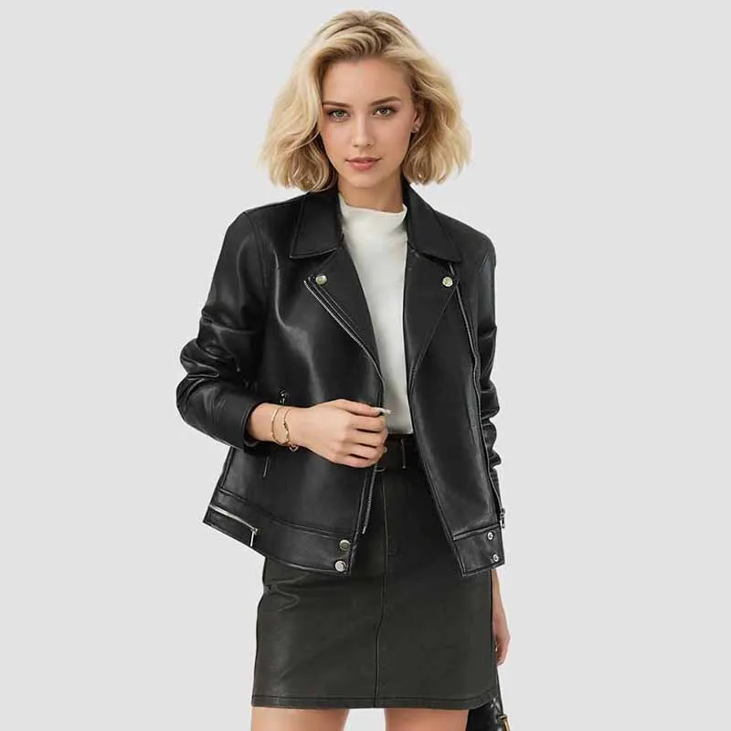 Women  Black Leather Jacket Vintage Zipper Turndown Collar Motorcycle Short Chic Faux Leather Coat Autumn New