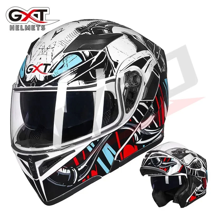 GXT Flip Up Helmet Motorcycle Helmet Motos Casco Capacete Modular Helmets with Inner Sun Visor Safety Double Lens Racing Helmets