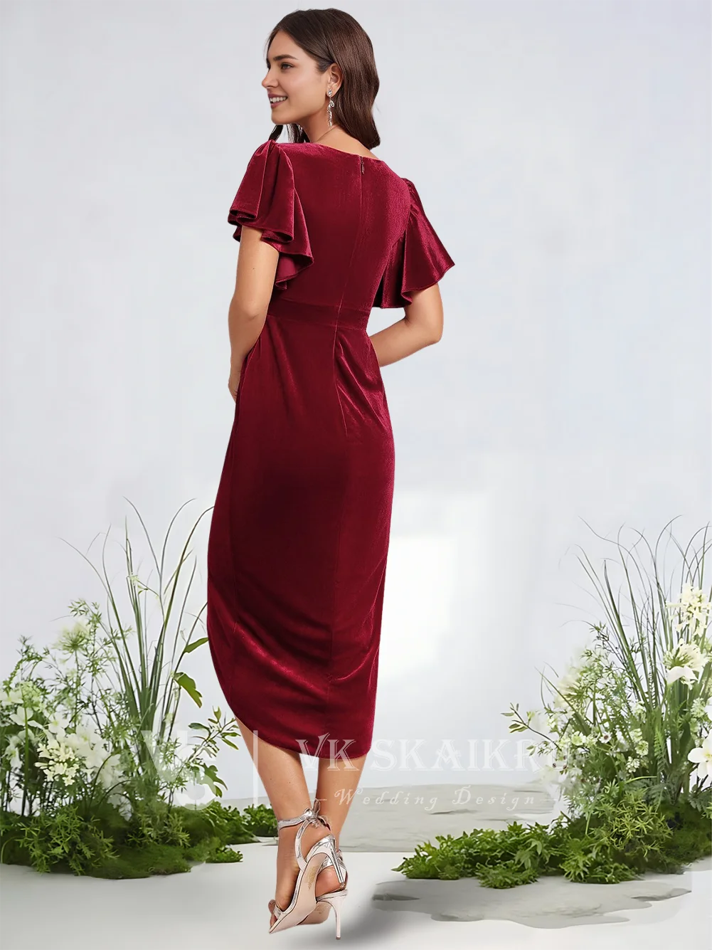 

B Cocktail Dresses 2025 V-Neck Sheath Column Velvet Prom Graduation Evening Dress With Faux Wrap Tea-Length Flutter Sleeves