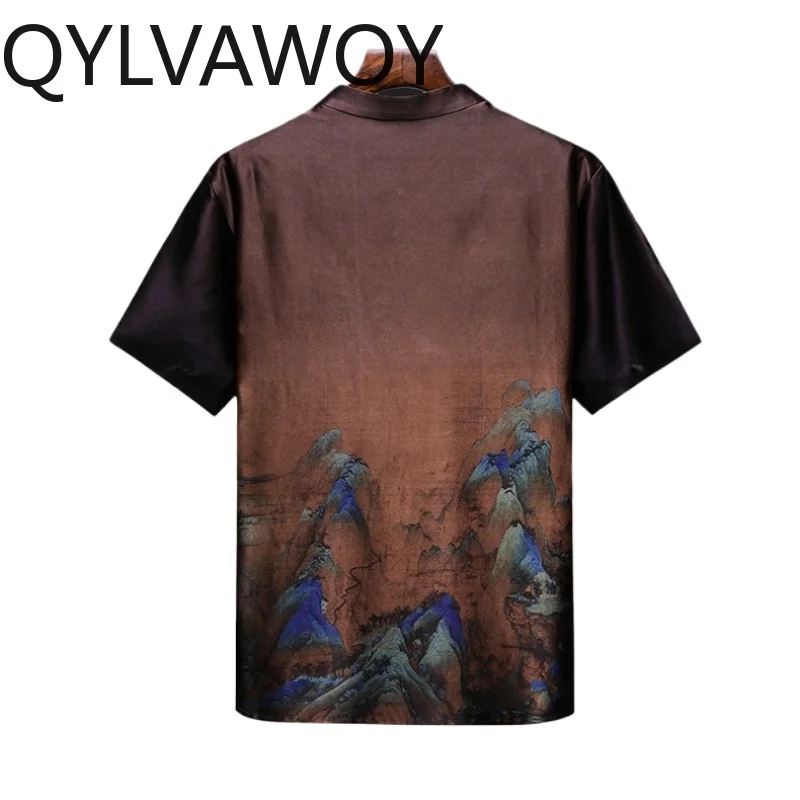 QYLVAWOY 100% Natural Mulberry Silk Shirts for Man High Quality Summer Top Luxury Gambiered Silk Shirt Short Sleeve Men Clothing