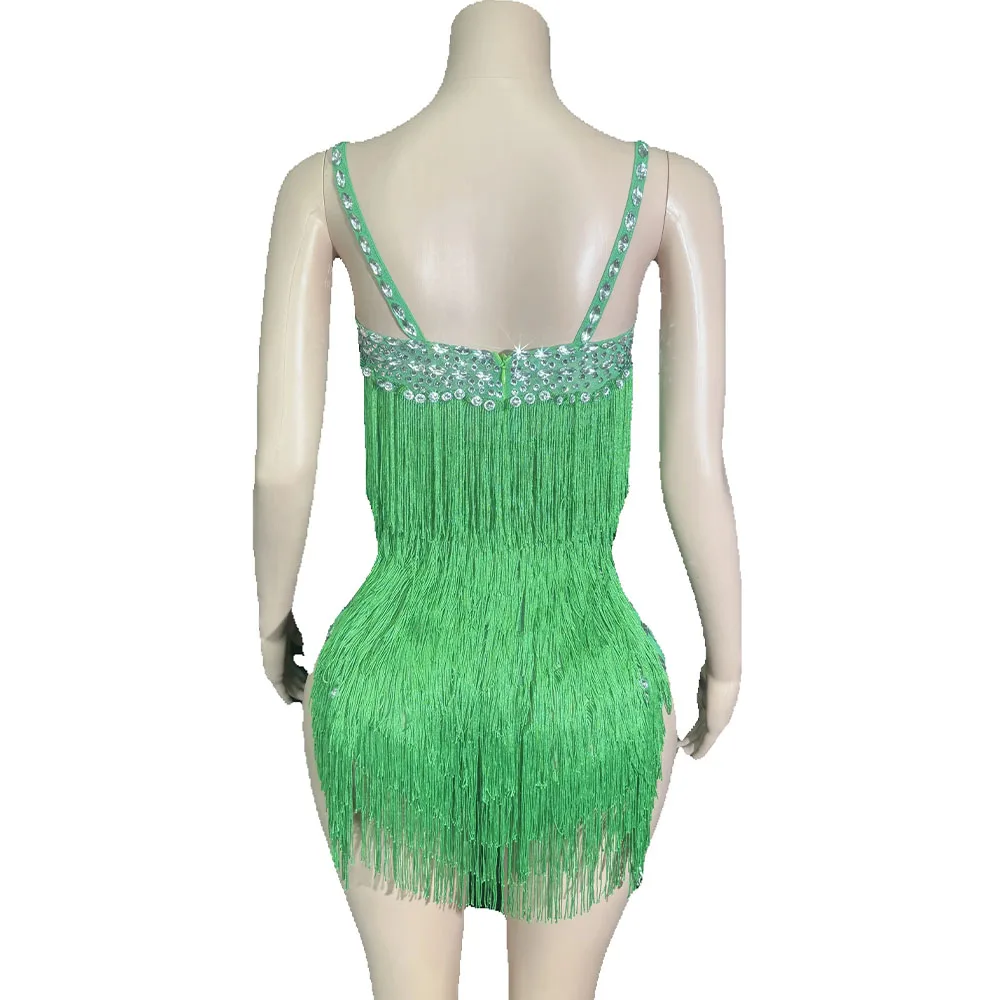 

Блестящие стразы, зеленые боди с кисточками, женское сексуальное боди с v-образным вырезом, танцевальный костюм на день рождения, певица, танцовщица, сценическая одежда