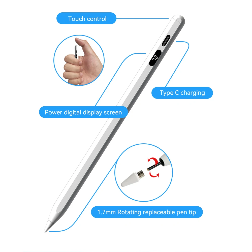 Caneta Stylus Universal Para Tablet Phone para Android IOS Touch Pen para iPad Lápis 2 Com Display de Energia Digital
