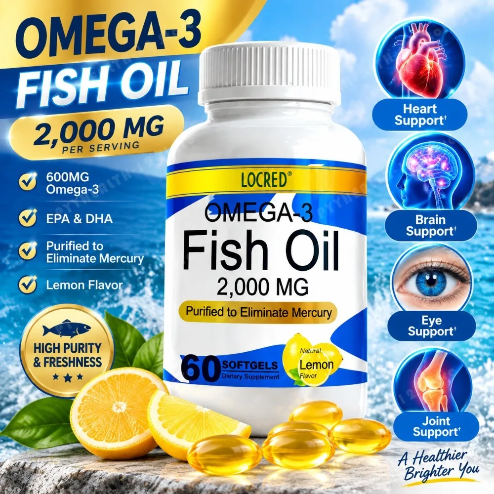 Omega 3 Fish Oil for Heart, Brain, Eye & Joint Support - 2000mg Softgels with 600mg Omega-3, EPA & DHA, Lemon Flavor, 60 Count