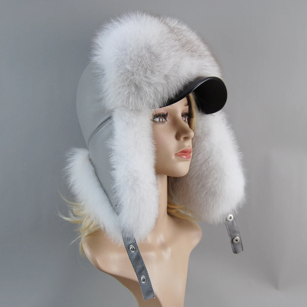 2024 New Style Winter Ushanka Hat Men Women\'s Pilot Aviator Bomber Trapper Hats Real Fox Fur Leather Snow Cap with Ear Flaps