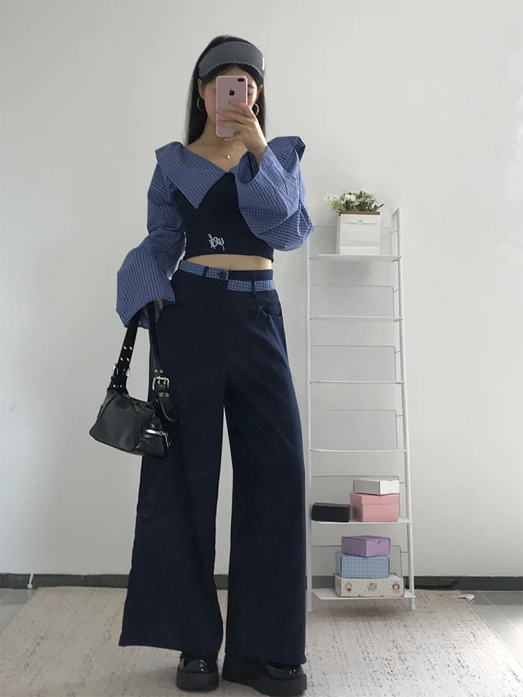 Korean College Sle Striped Patchwork Long Sve irt Women's High Waist Slimming Wide Leg Pants Faion Set Autumn 2025