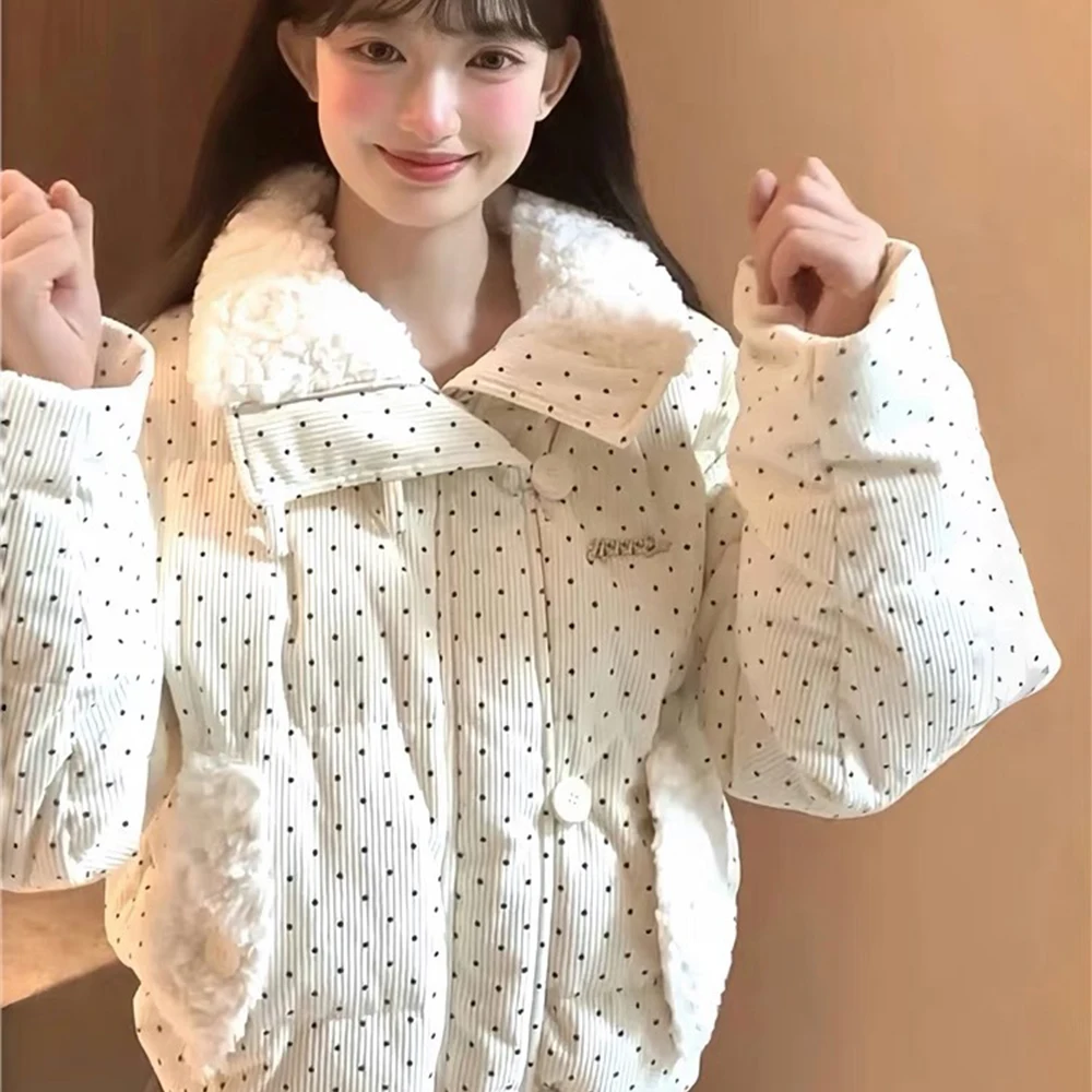 Korean Sweet Women Cotton Clothes Polka Dot Parka Sweet Lapel Cotton Jacket Thicken Tops Sweet Girl Winter Cotton Jacket Coat - view 2