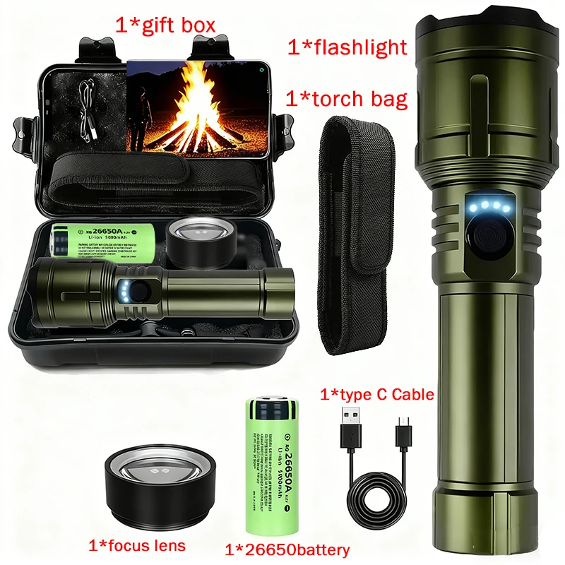 Taschenlampen-Feuerzeug- und Powerbank-Kombination, wiederaufladbar, zoombar, superheller Strahl, 5 Modi, Taschenlampe für Outdoor-Camping-Notfälle