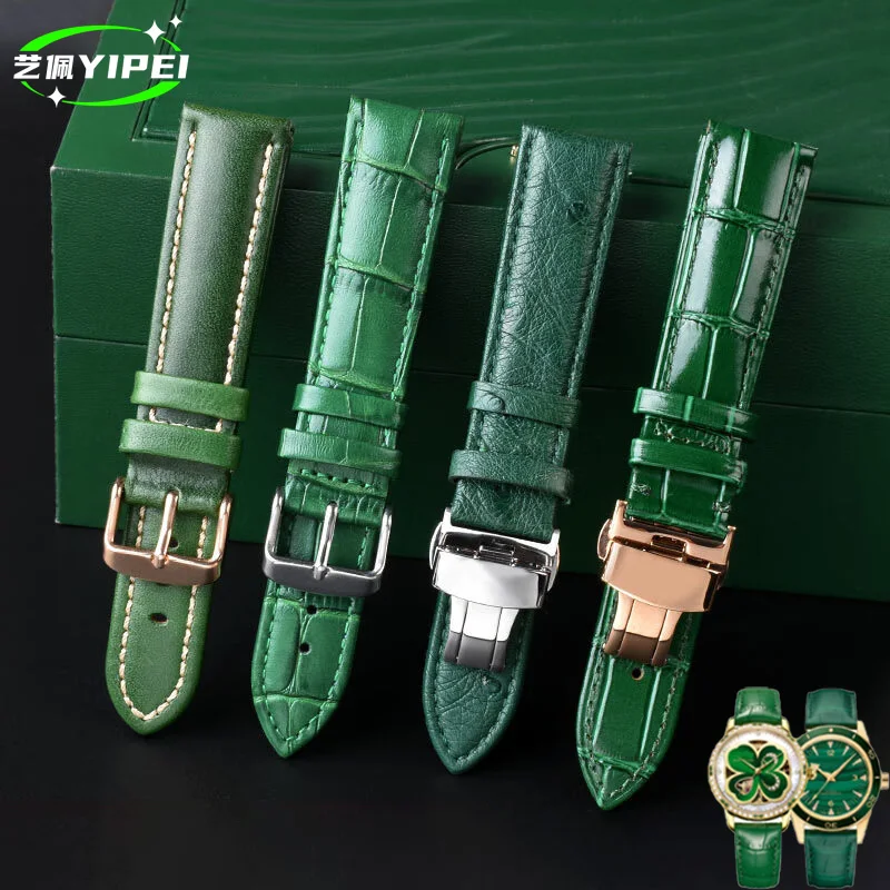 High Quality Bamboo Pattern soft cowhide watch Strap 16mm 18mm 20mm 22mm Men and women folding buckle green Waterproof watchband