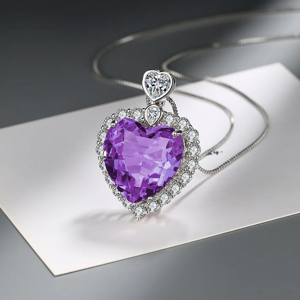 Heart Created Alexandrite Sapphire 925 Sterling Silver Heart of the Ocean Pendant Necklace for Women Purple Gemstone Jewelry