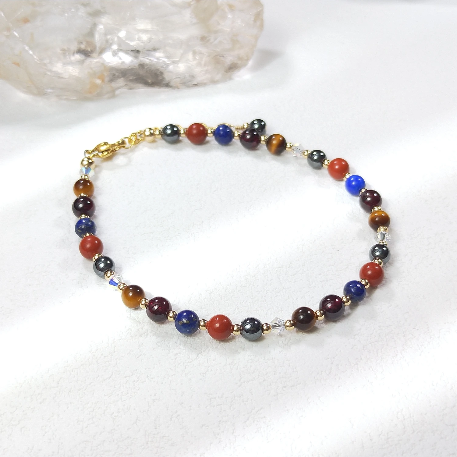 Lii Ji Natural Stone Lapis Lazuli Garnet Tiger Eye Red Jasper Hematite 4mm American 14K Gold Filled Bracelet