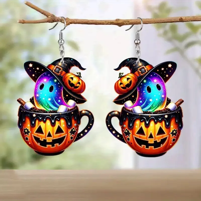 

Halloween hot selling rainbow magic ghost pumpkin pot acrylic earrings funny fashion high-end accessories