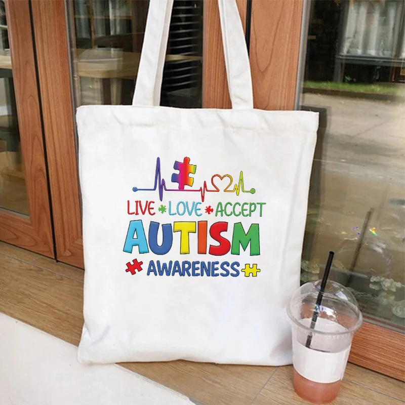 Woman Canvas Tote Bags Live Love Accept Autism Awareness Large Capacity Handbag Fashion Daily Reusable Shoulder Shopping Bag