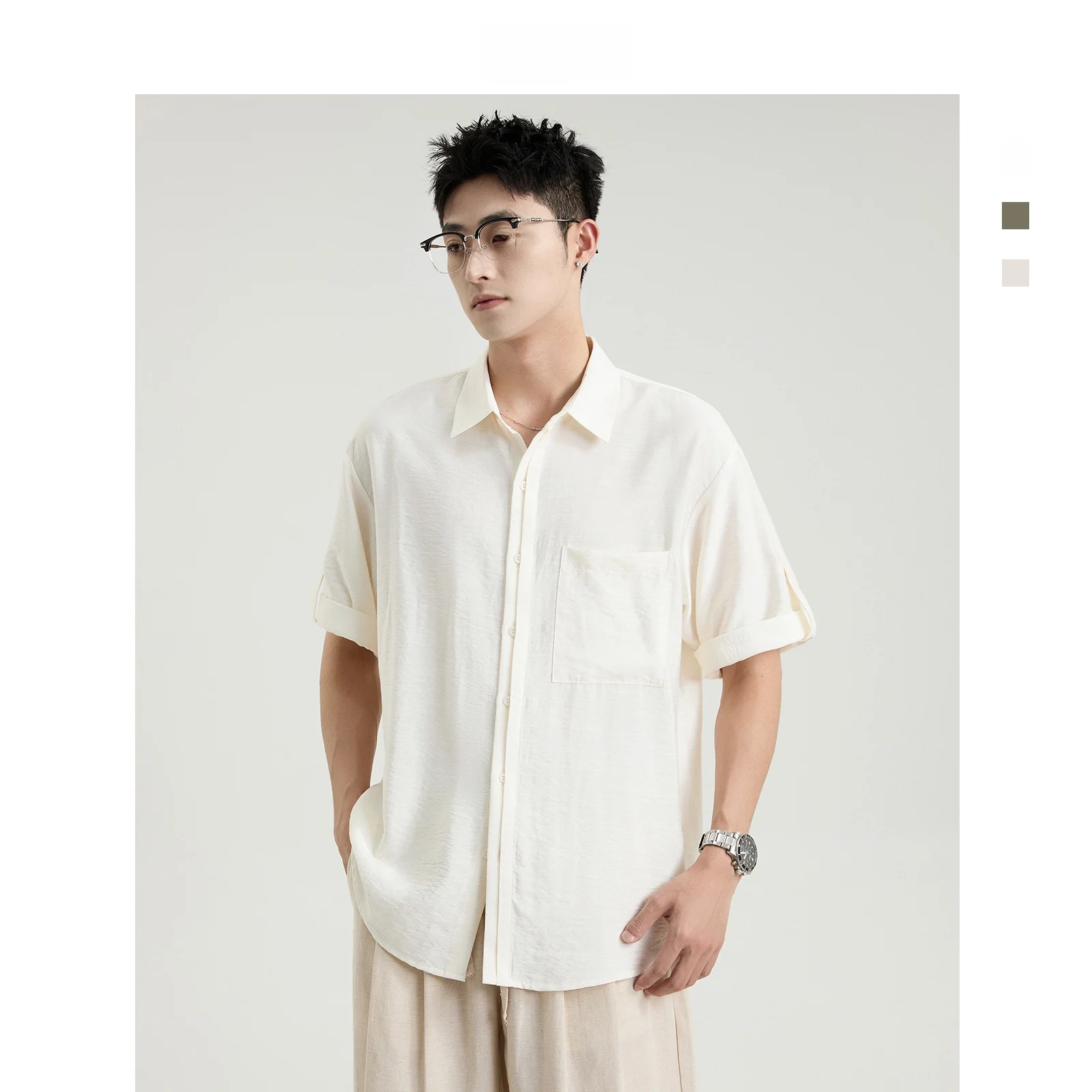 

Summer Thin Cotton Linen Casual Men's Collar irt Breathable Loose Fit Five Sve Pure Color European Simple Sle