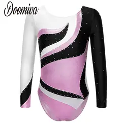 Crianças strass manga comprida collant, ballet traje de dança, ginástica bodysuit, meninas patinação artística, trajes de desempenho brilhante