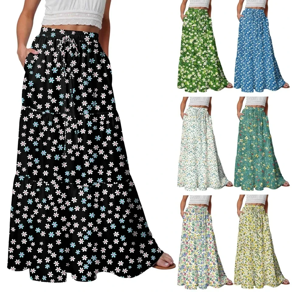 Summer Maxi Skirts For Women Bohemian Floral Print Beach Skirt Elastic Waist A-Line Flowy Long Skirts With Pockets Faldas