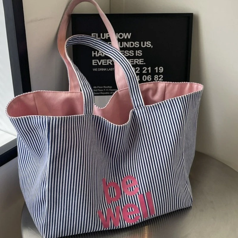 

New Canvas Front and Back Striped Large-capacity Travel Bag Class Commuter Tote Armpit Bag Single Shoulder