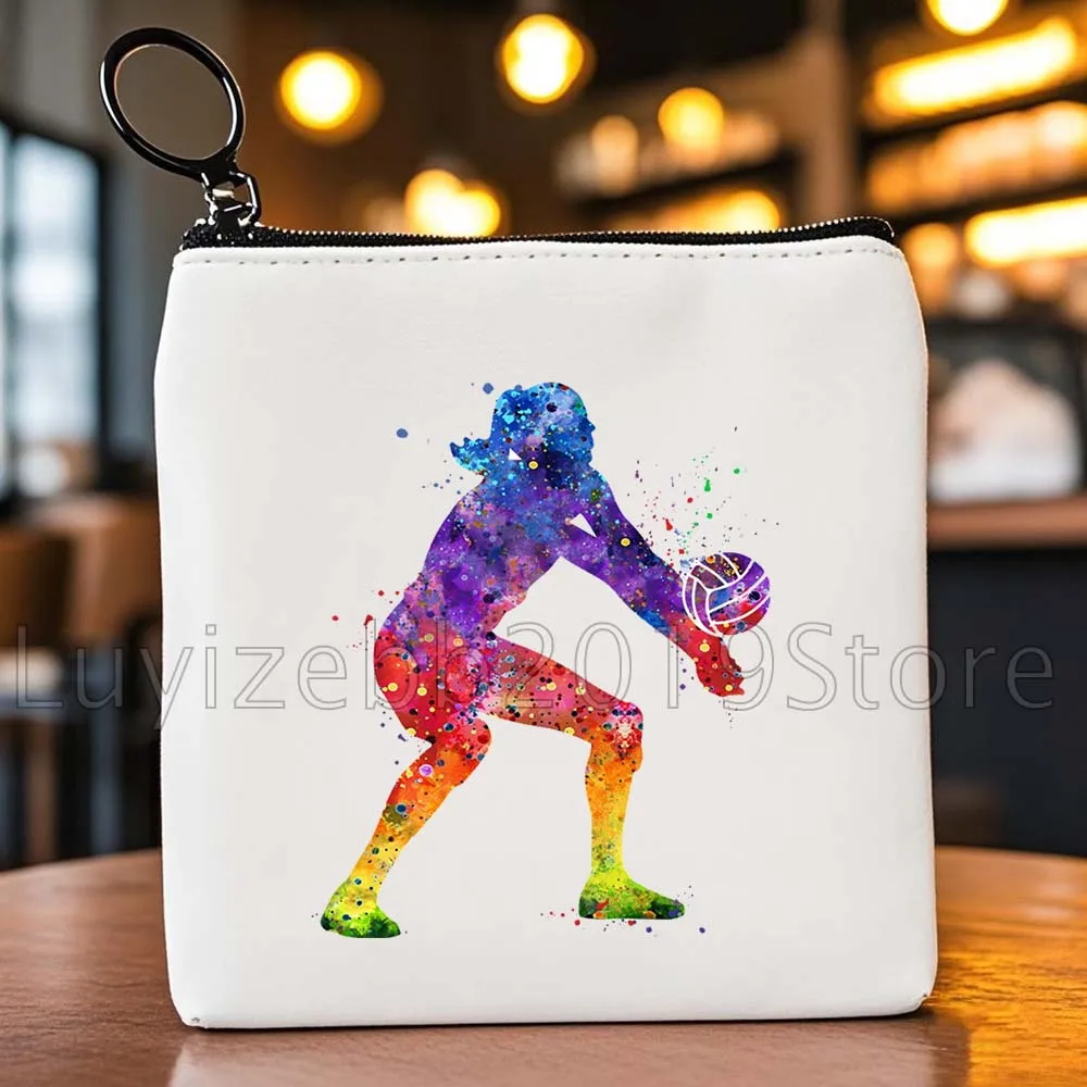 Pallavolo Ragazza Pittura ad acquerello Stampa artistica Amante dello sport Regalo Uomo Donna Borsa portamonete in tela Borsa per carte di archiviazione chiave Custodia a portafoglio