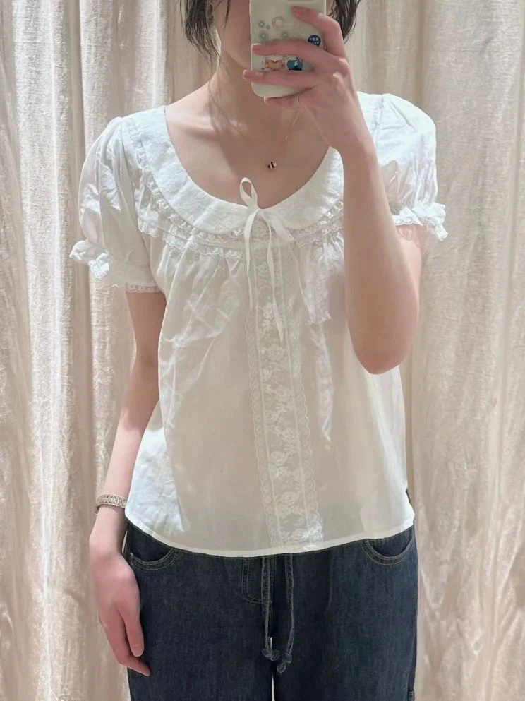 Lace Patchwork Thin T-shirt Blouse Woman Summer Bow Peter Pan Collar Short Puff Sleeve Shirts White Preppy Style Cotton Tops