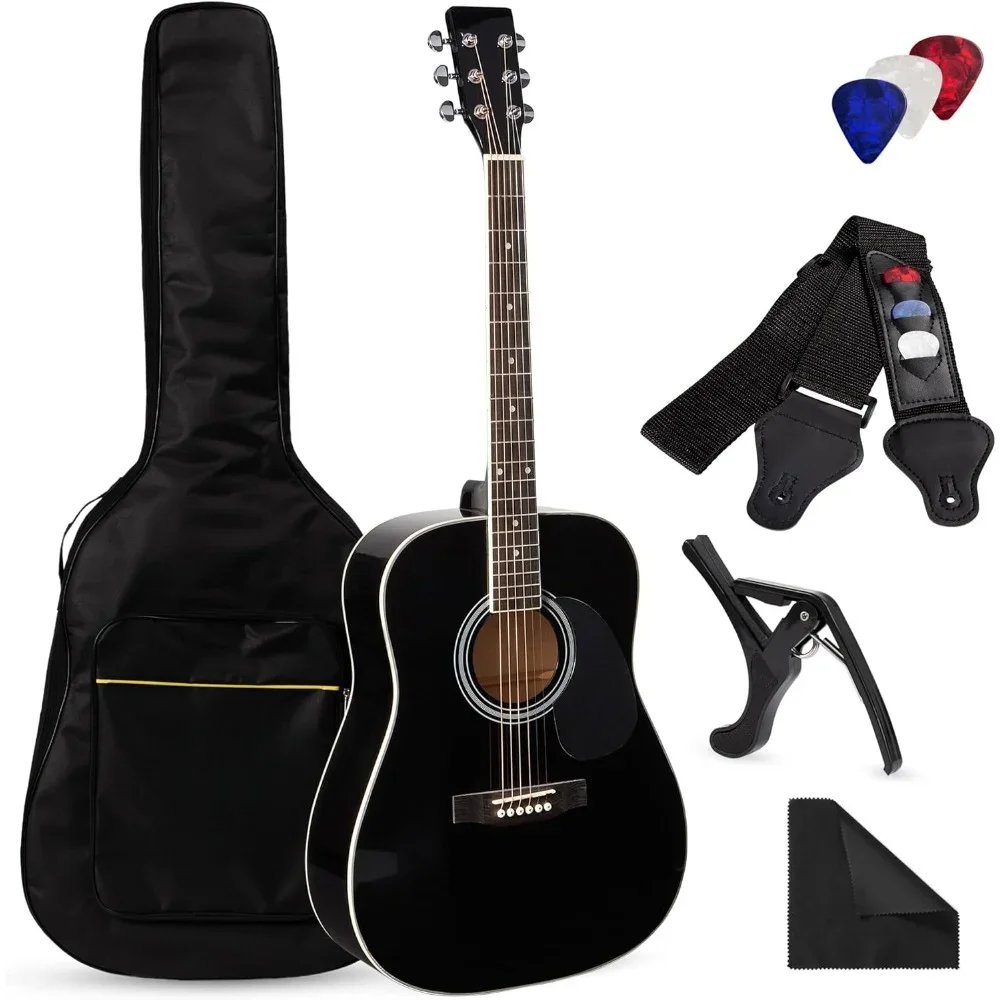 

41in Full Size Beginner All Wood Acoustic Guitar Starter Set w/Case, Strap, Capo, Strings, Picks - Black