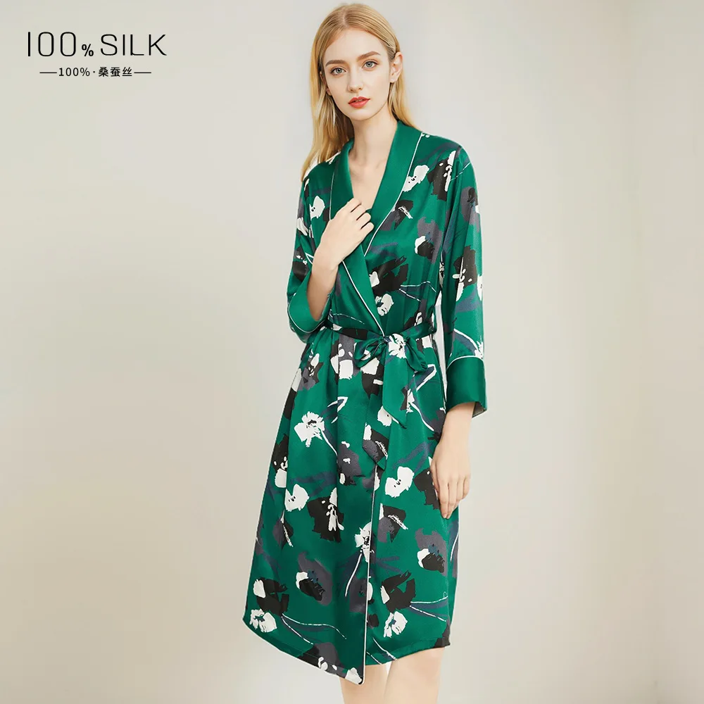 Floral 19MM Silk Nightgown with Robe Two-piece 100% Mulberry Silk Robe Set Midi Slip Nightdress Loungewear Women Sets Sleepwear