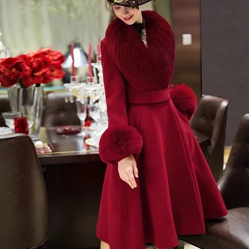 Large Woolen Collar Long Woolen Coat Women's Long Outwear 202 Winter New Thickened Knee Style Loose Waistband Coat With Belt Tr
