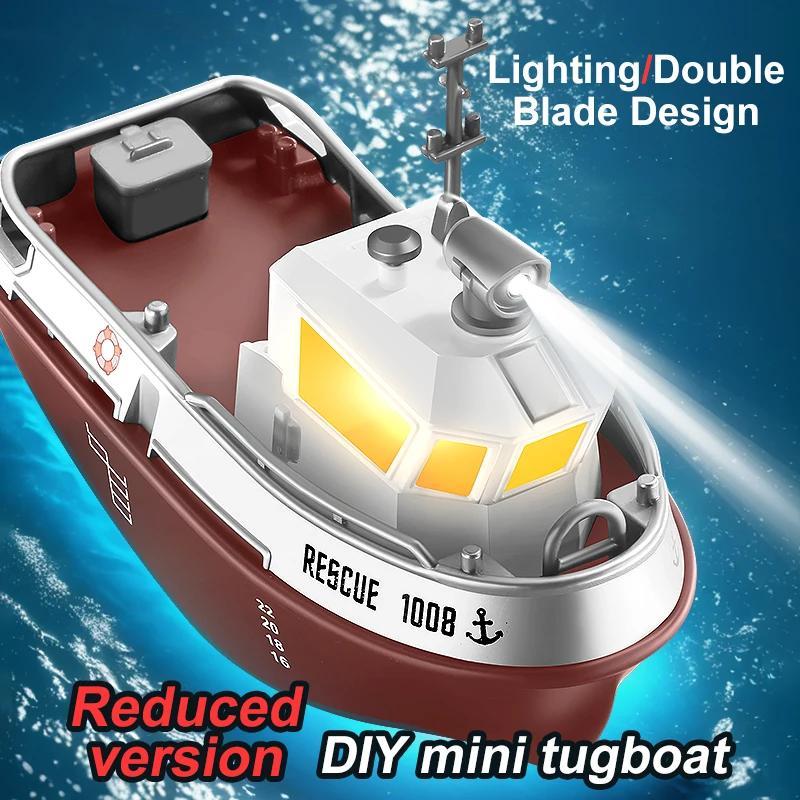 S820 1:32 RC Tugboat Dual Motors Electric Remote Control Boat with LED Light Switch, 2.4G Wireless Model Ship Toys for Kids Gift